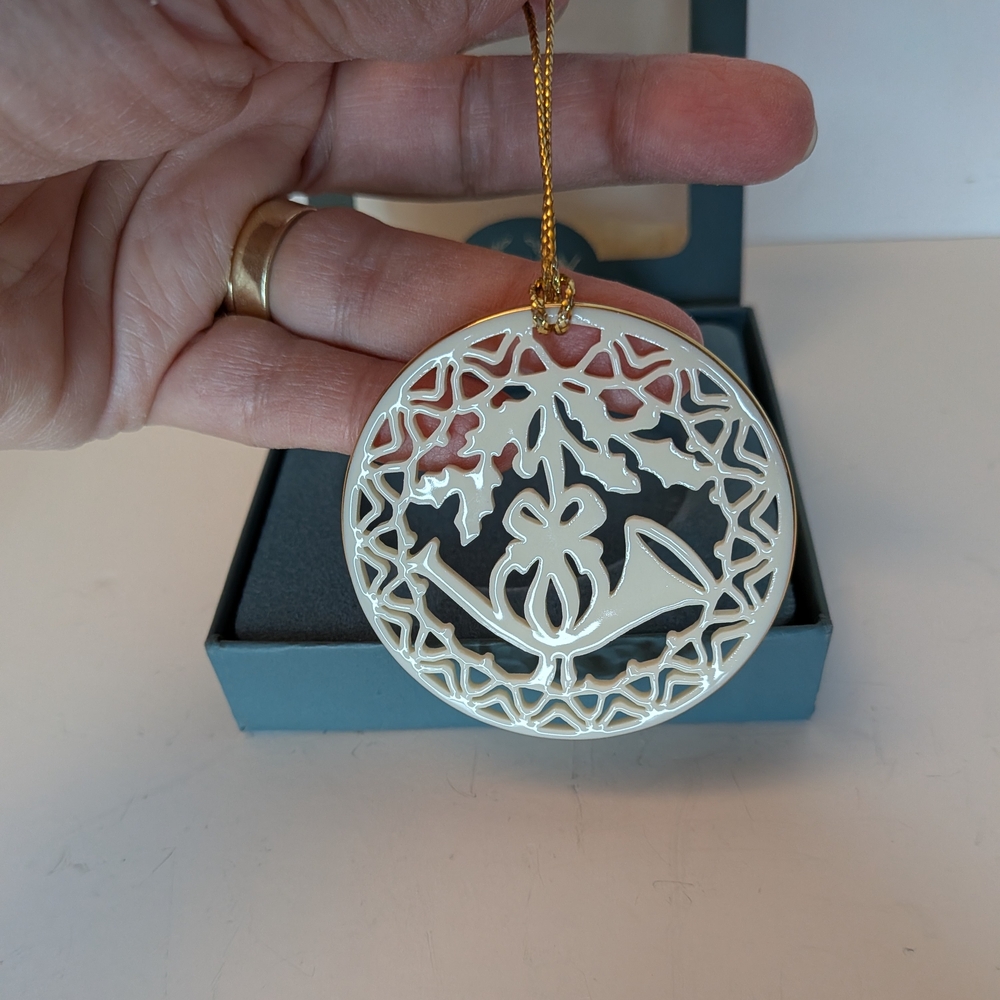 Vintage Lenox Yuletide French Horn Porcelain Ornament USA Made Original Box